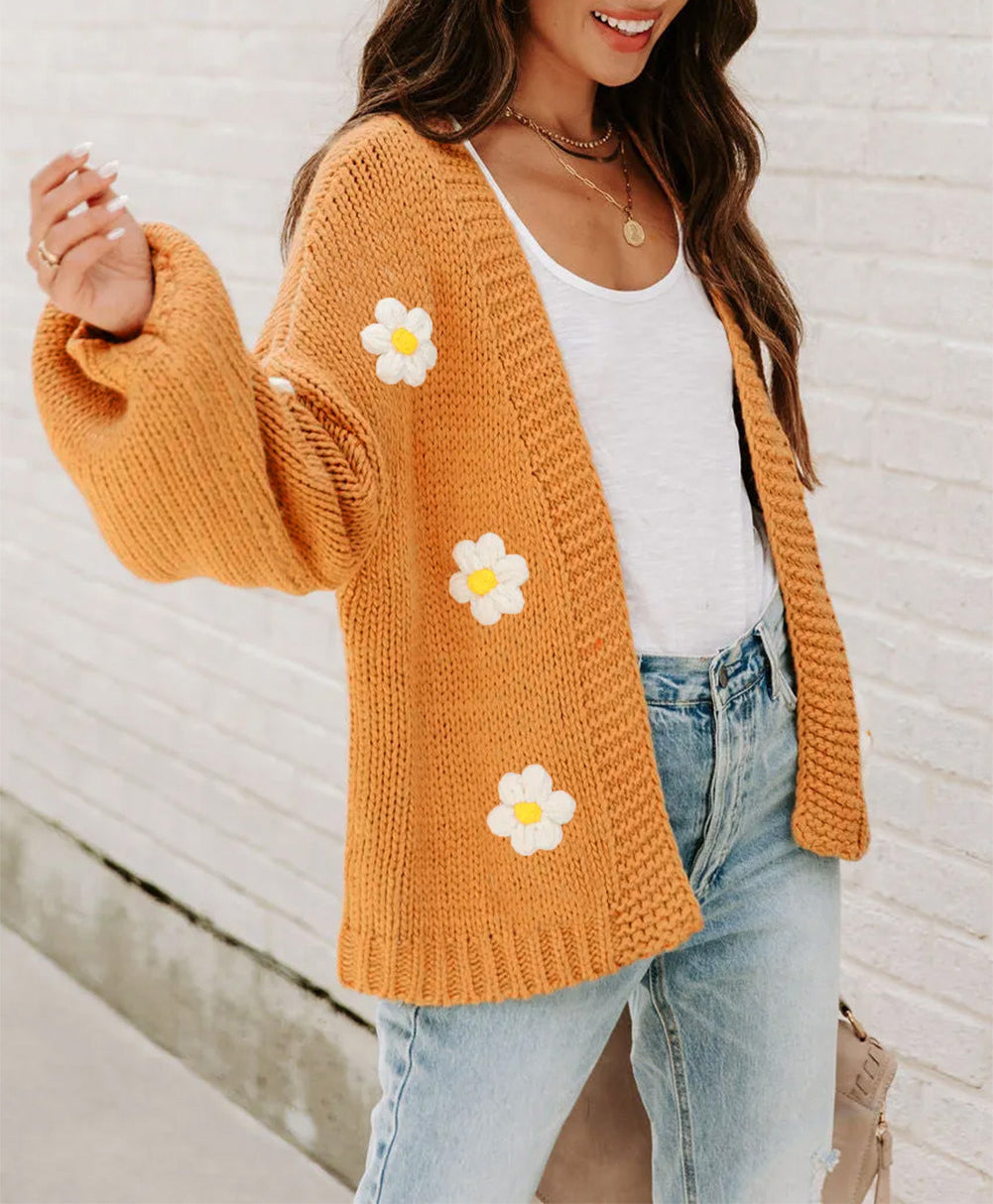 Flower Applique Bubble Sleeve Cardigan