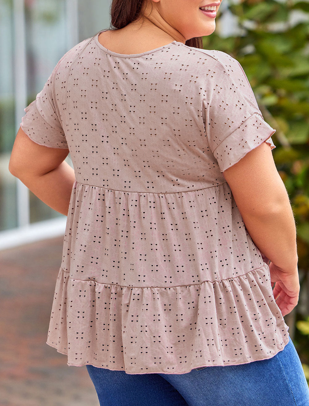 Plus Size Eyelet Pattern Ruffle Sleeve Babydoll Top