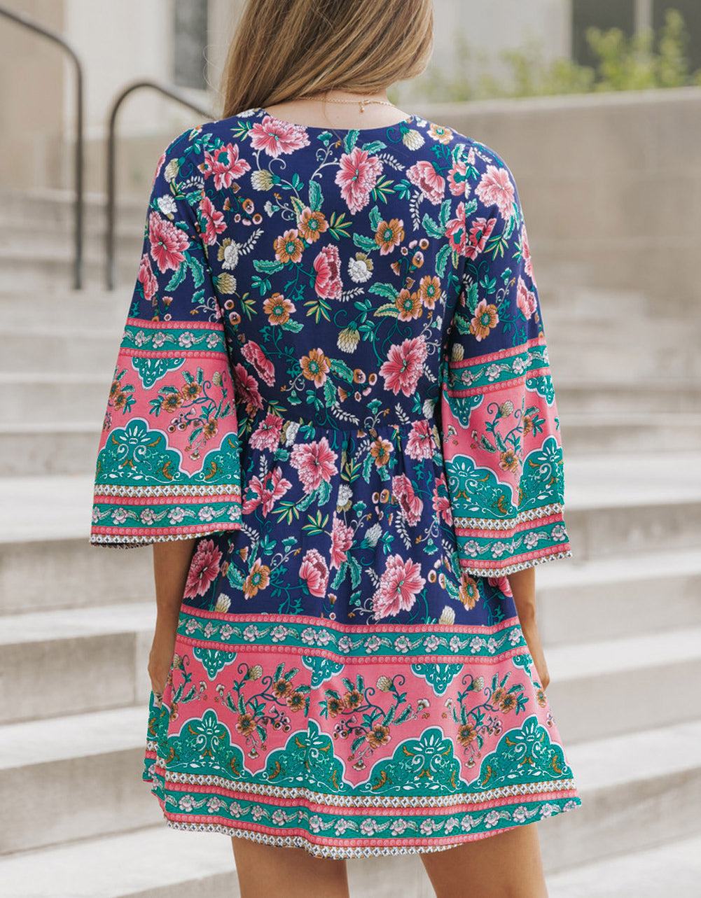 Boho Empire Waist Bracelet Sleeve Floral Dress