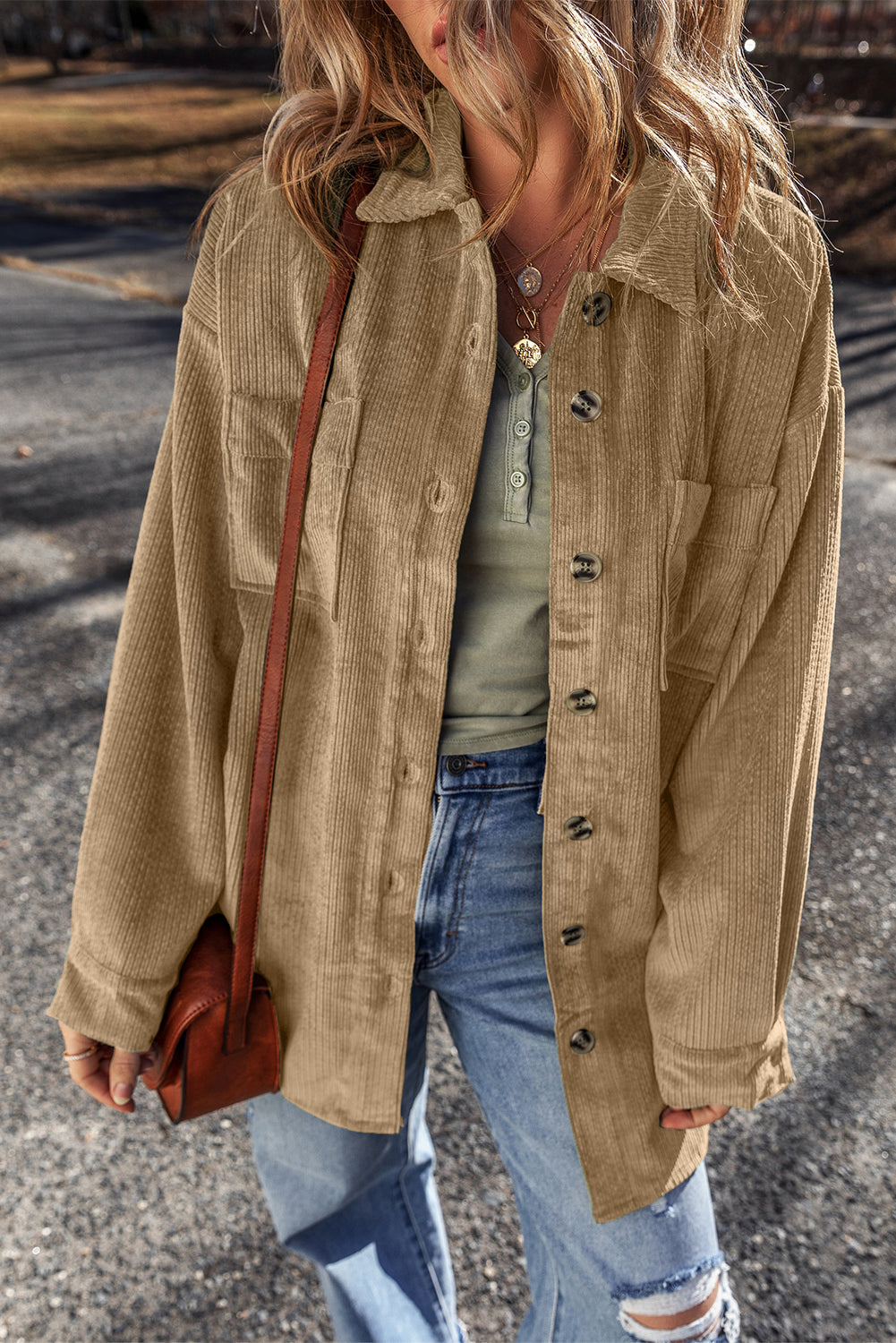 Patched Pocket Button Up Corduroy Shacket