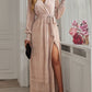 Glittering Lantern Sleeve Surplice Neck Belted Split Evening Dress