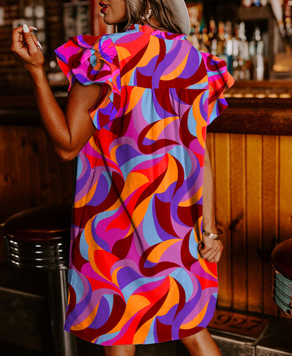 Abstract Print Ruffled Sleeve Shift Dress
