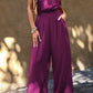 Padded Shoulder Slant Pocket Wide Leg Jumpsuit