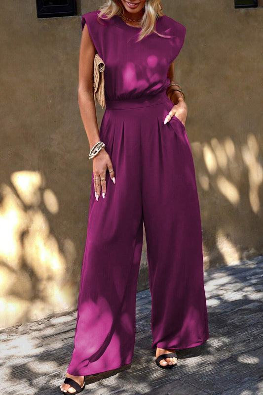 Padded Shoulder Slant Pocket Wide Leg Jumpsuit