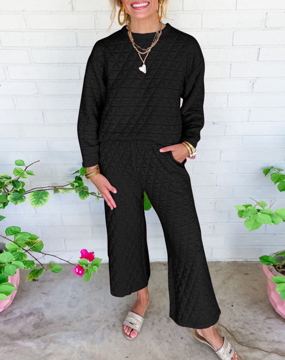 Solid Quilted Pullover and Pants Outfit