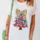 Leopard Bow Décor Christmas Tree Graphic Crew Neck Tee