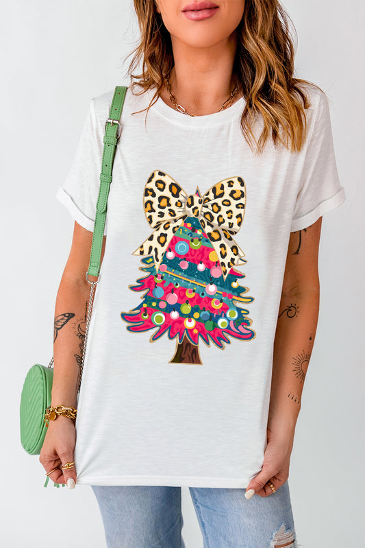 Leopard Bow Décor Christmas Tree Graphic Crew Neck Tee