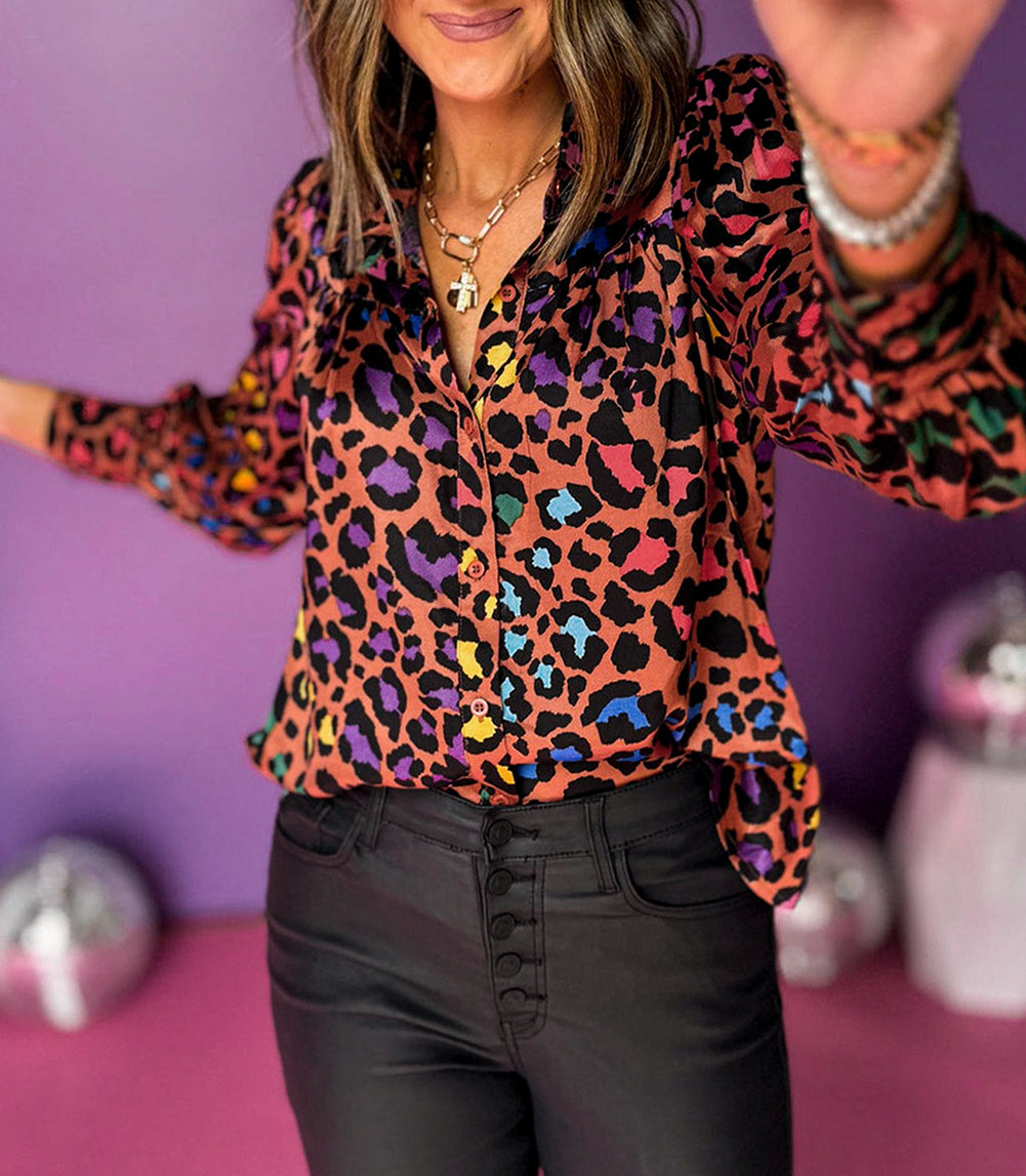 Colorful Leopard Spots Balloon Sleeve Shirt