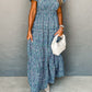 Printed V Neck Shirred Short Puff Sleeve Maxi Dress