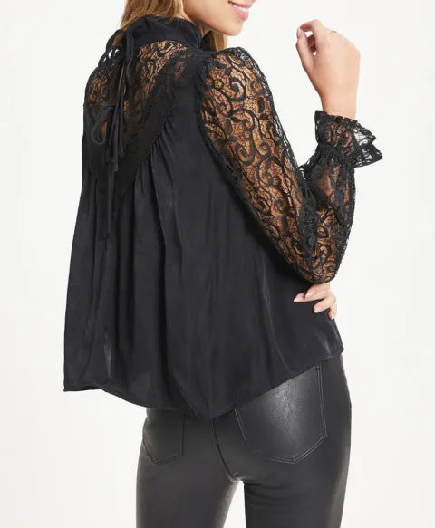 Mock Neck Lace Splicing Long Sleeve Blouse