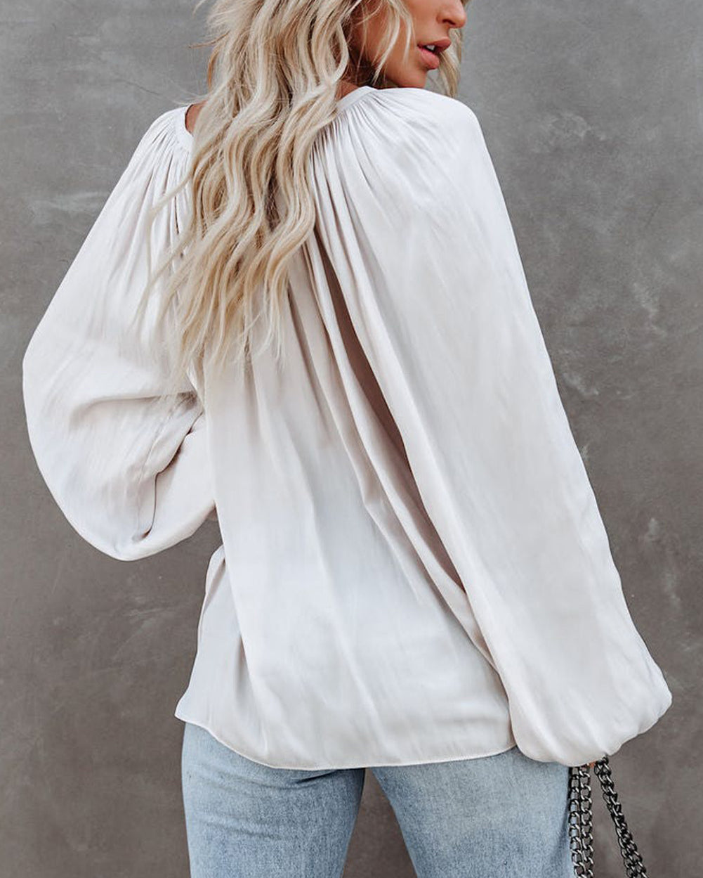 Tie V Neck Pleated Puff Sleeve Satin Blouse