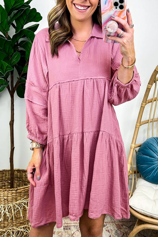 Collared Neck Crinkled Tiered Dress