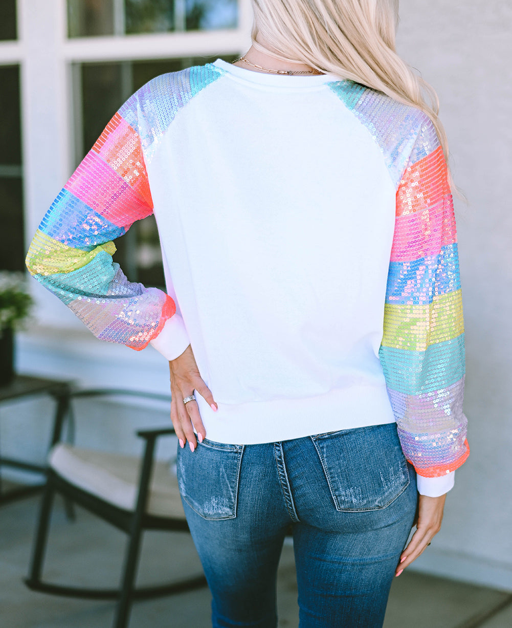 Sequin Color Block Raglan Sleeve Pullover Sweatshirt