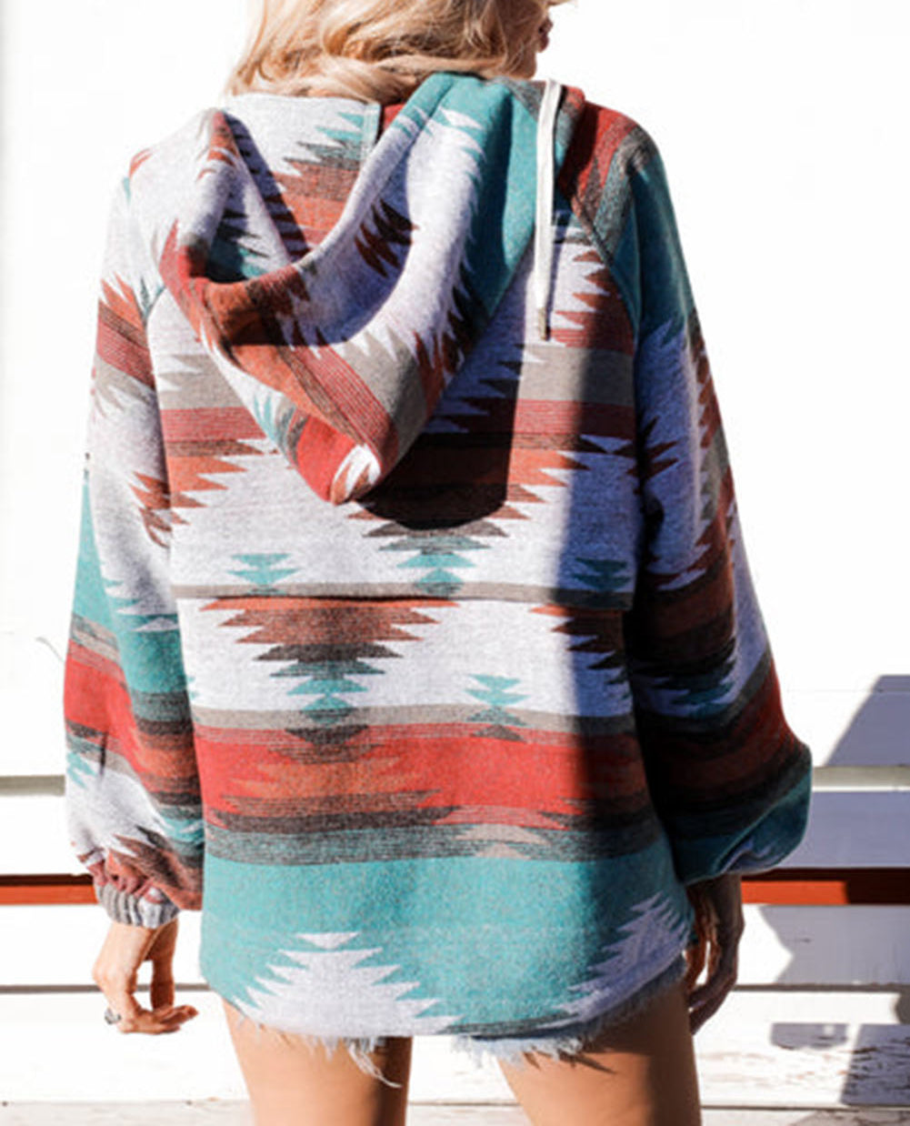 Aztec Print Zipped Split Neck Hoodie