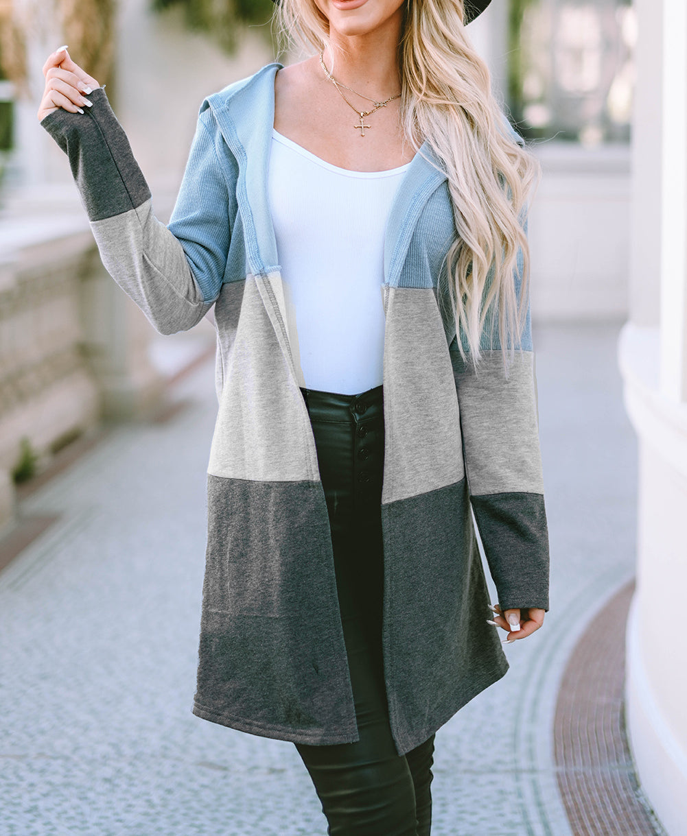 Color Block Patchwork Open Front Hooded Cardigan
