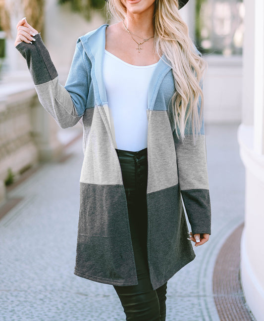 Color Block Patchwork Open Front Hooded Cardigan
