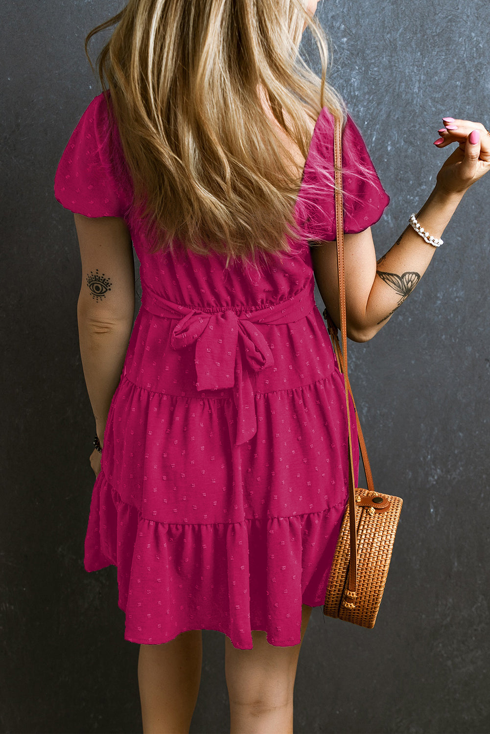 Swiss Dot Jacquard Puff Sleeve Crossover Tied Tiered Dress