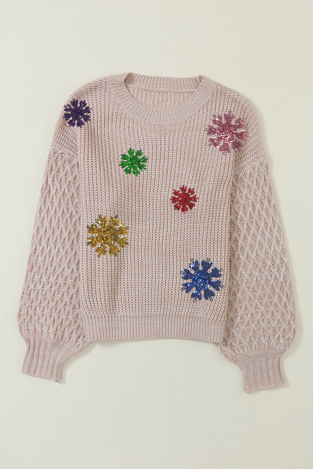 Parchment Sequin Snowflake Bishop Sleeve Drop Shoulder Sweater