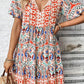 Bohemian Print Tie Neck Ruffle Hem Short Dress