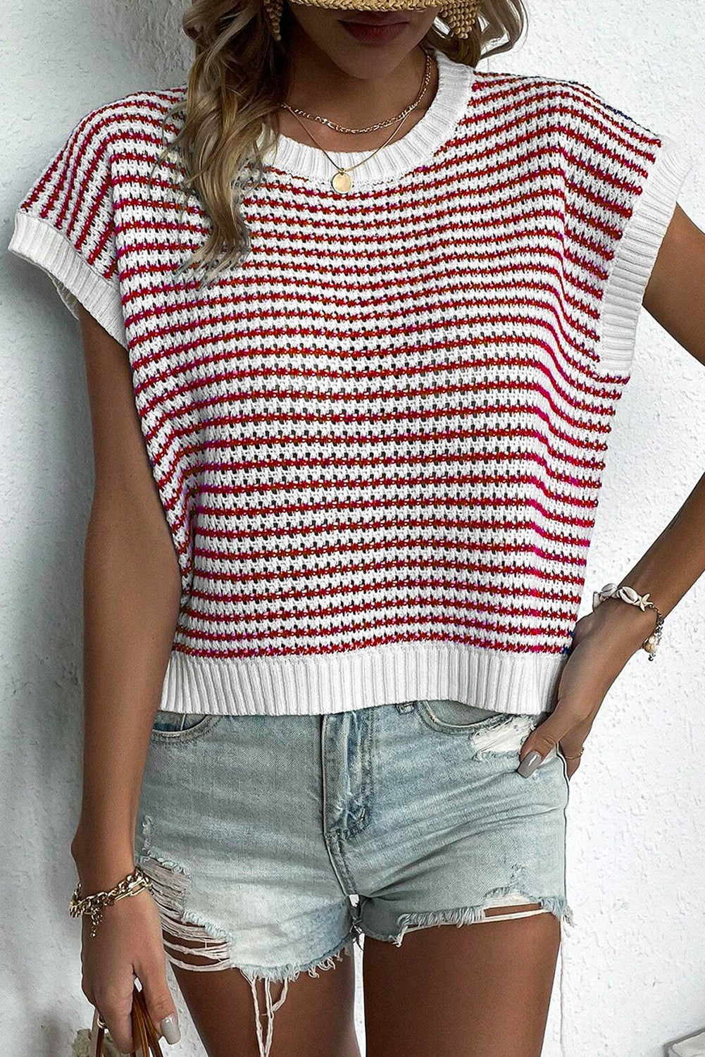 Stripe Ribbed Trim Loose Fit Knitted Sweater Vest