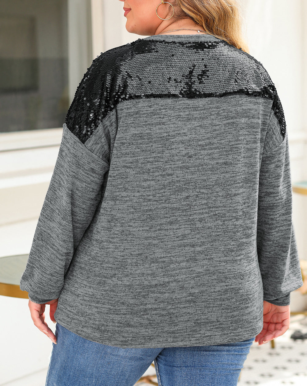 Sequin Patchwork Long Sleeve Plus Size Top