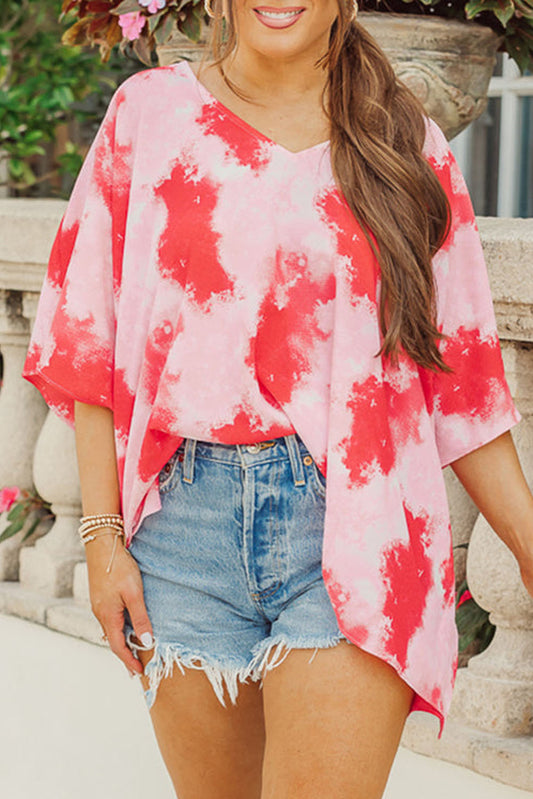 Plus Size Tie-dye Print 3/4 Sleeve Tunic Top