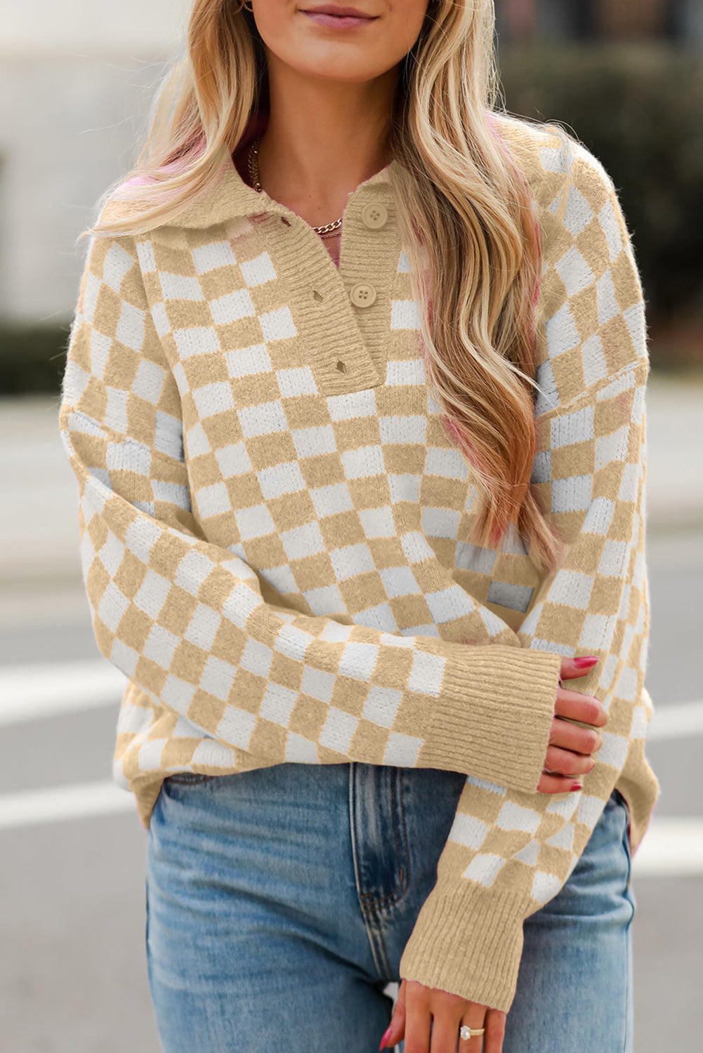 Checkered Buttons Collar V Neck Drop Shoulder Sweater