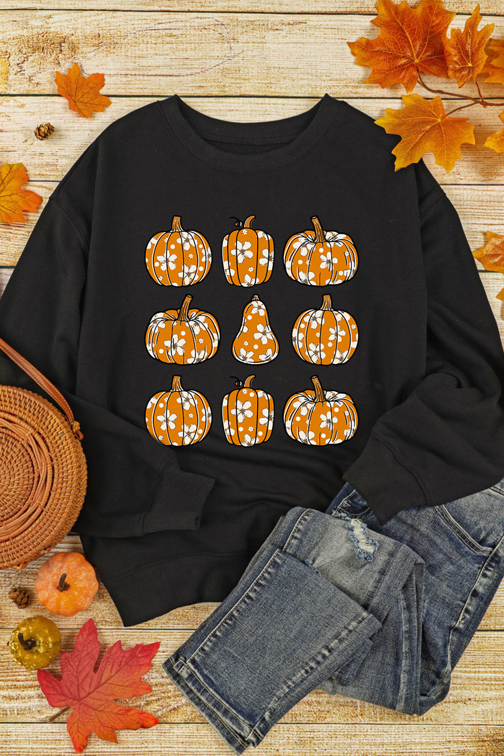 Floral Pumpkin Graphic Round Neck Halloween Sweatshirt