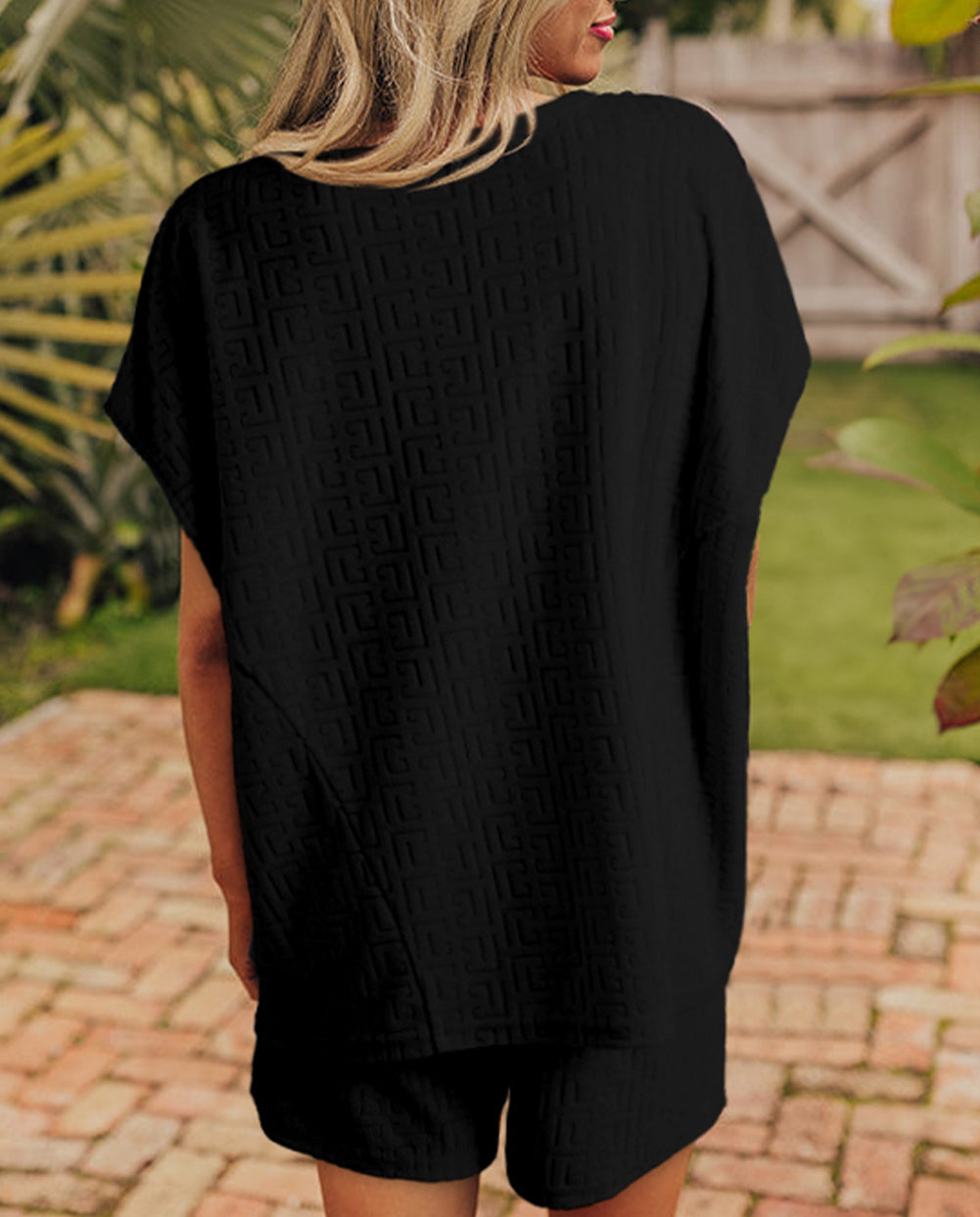 Solid Geometric Textured Loose Two Piece Shorts Set