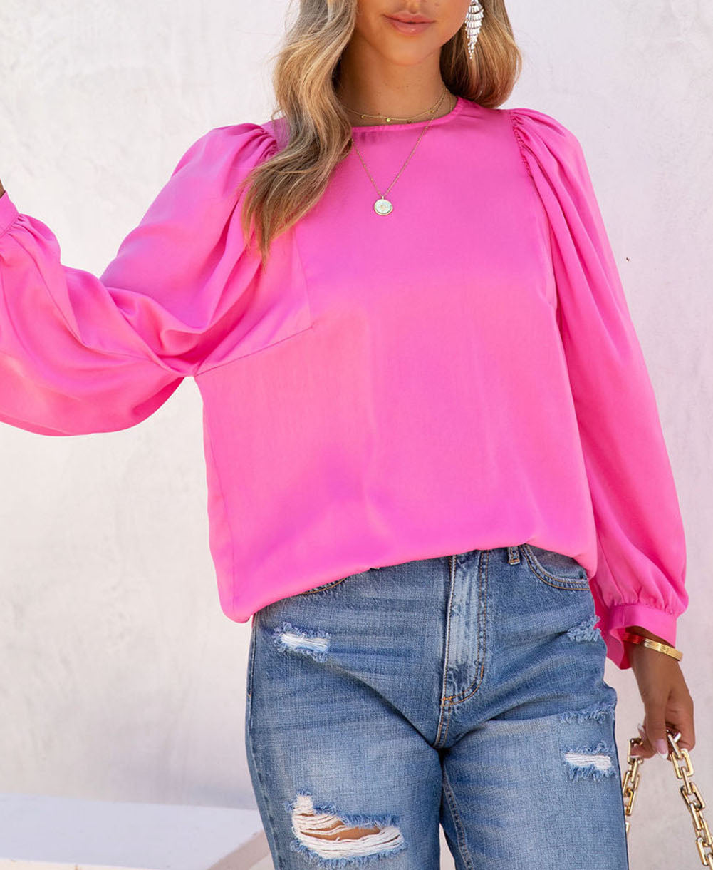 Satin Puff Long Sleeve Crewneck Blouse