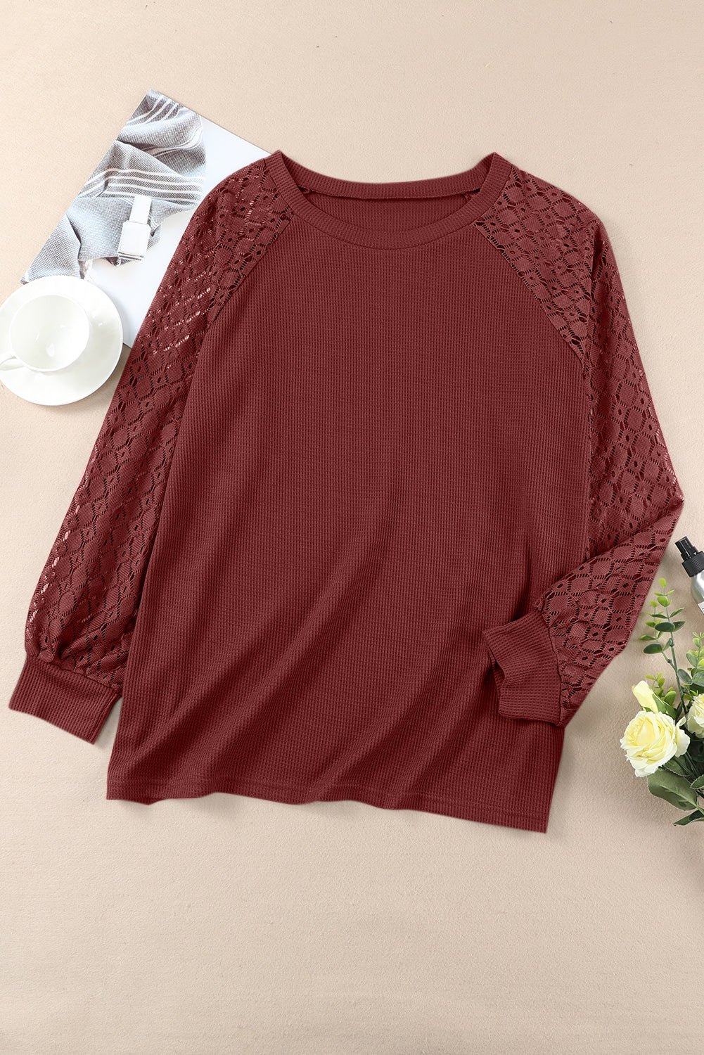 Plus Size Contrast Lace Sleeve Waffle Knit Top