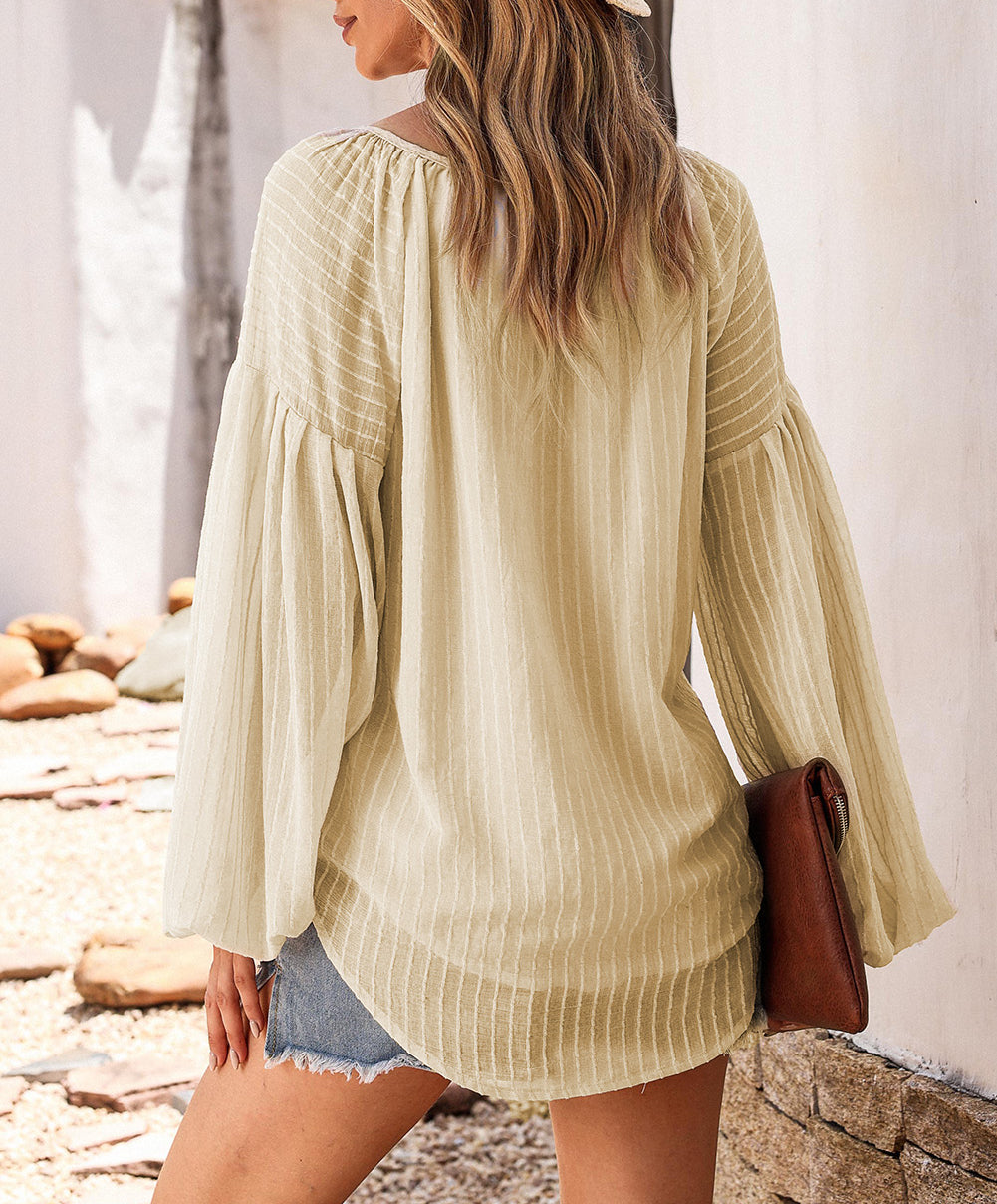 Lantern Sleeve Stripe Tassel Drawstring Blouse