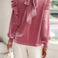 Mock Neck Puff Sleeve Velvet Blouse