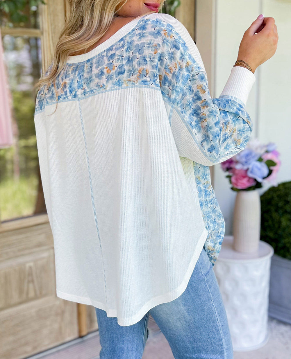 Abstract Floral Patchwork Batwing Sleeve V Neck Blouse