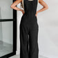 Textured Buttoned Straps Ruched Wide Leg Jumpsuit