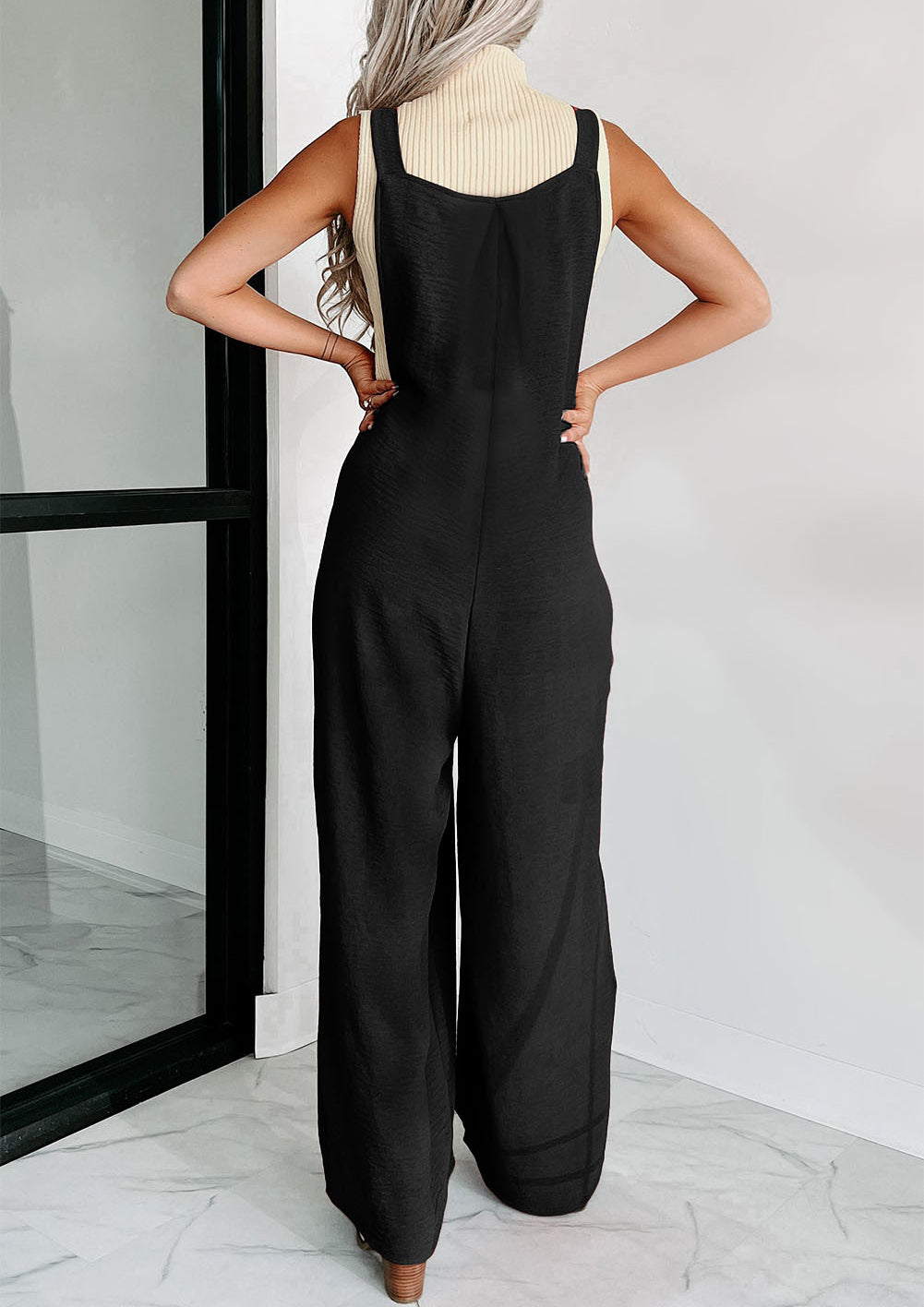 Textured Buttoned Straps Ruched Wide Leg Jumpsuit