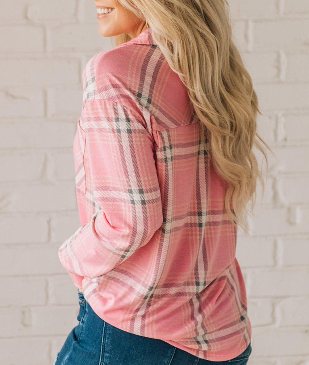 Pink Button Front Plaid Print Shirt