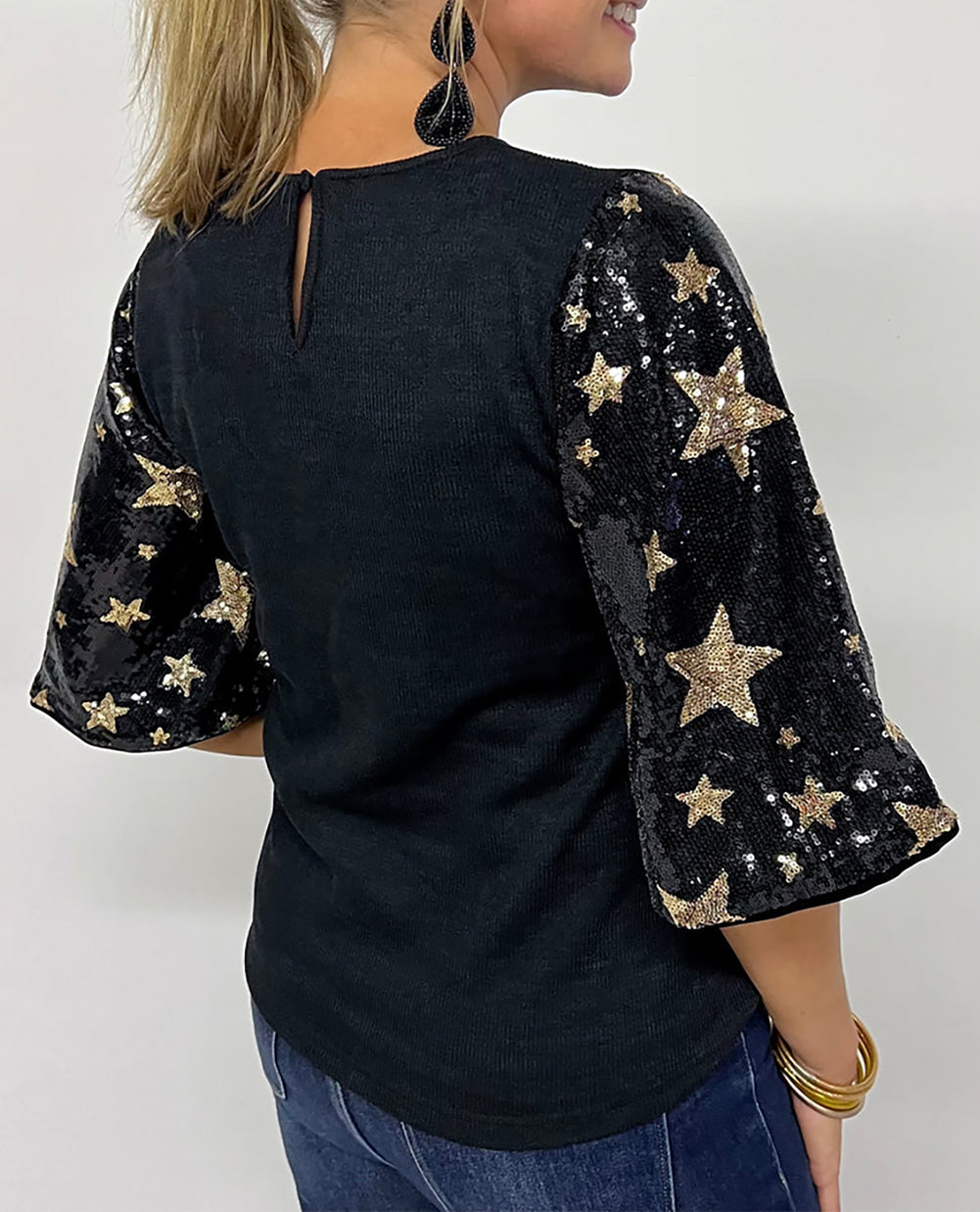 Star Sequin Splicing Half Sleeve Top