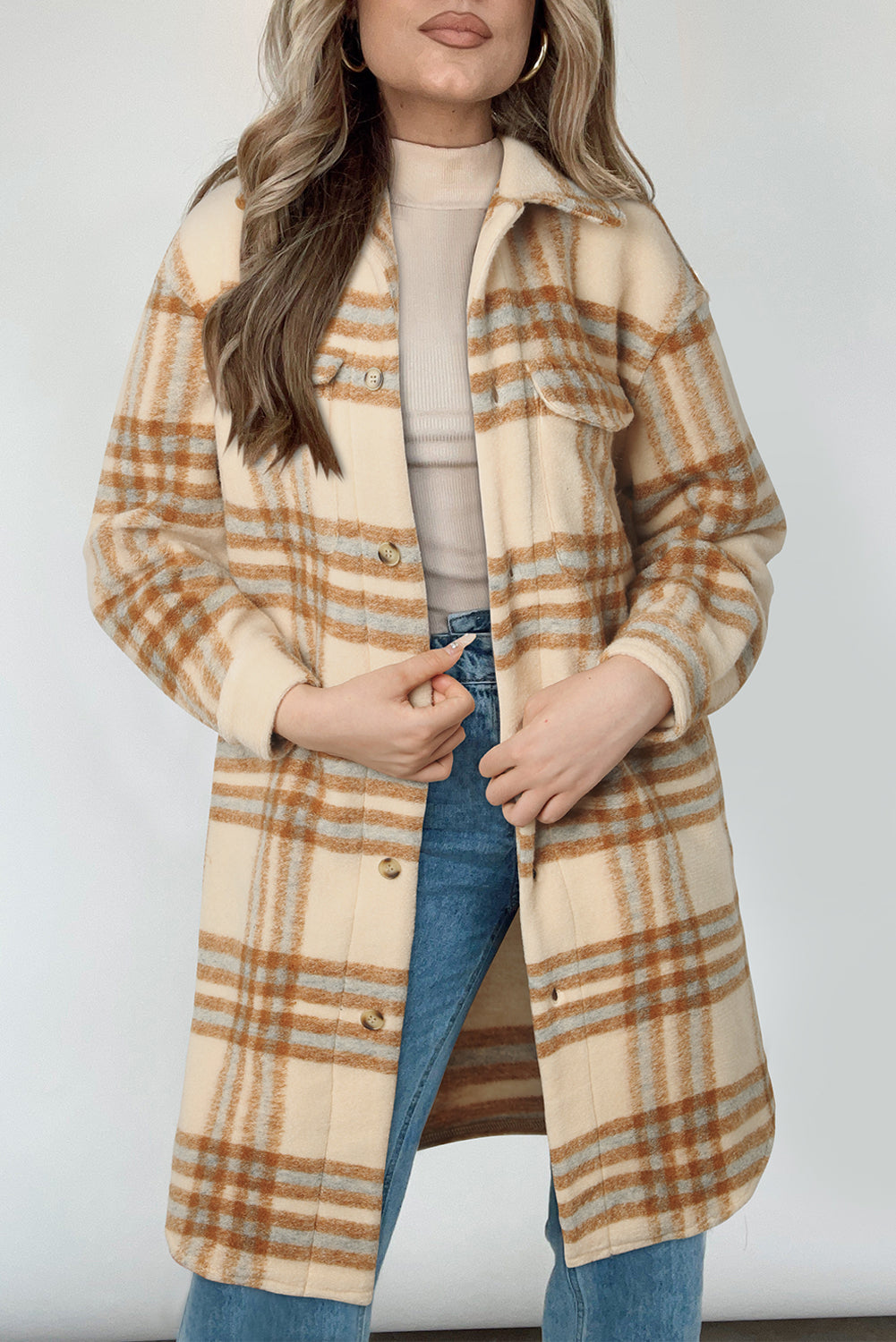 Plaid Print Flap Pockets Button-up Long Jacket