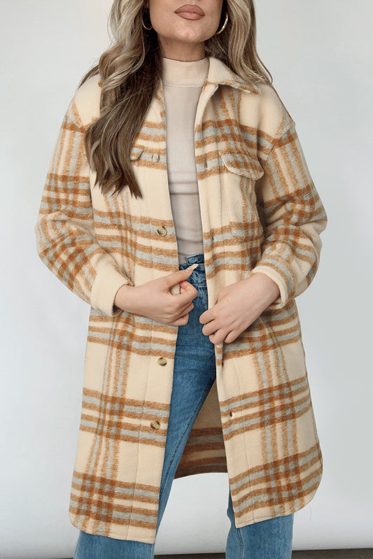 Plaid Print Flap Pockets Button-up Long Jacket