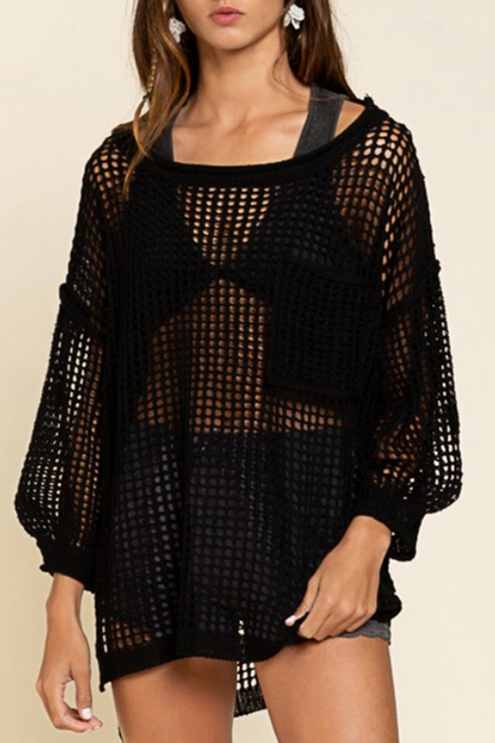 Fishnet Hollow-out Long Sleeve Beach Cover up