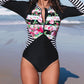 Floral Striped Patchwork Rashguard One-piece Swimsuit