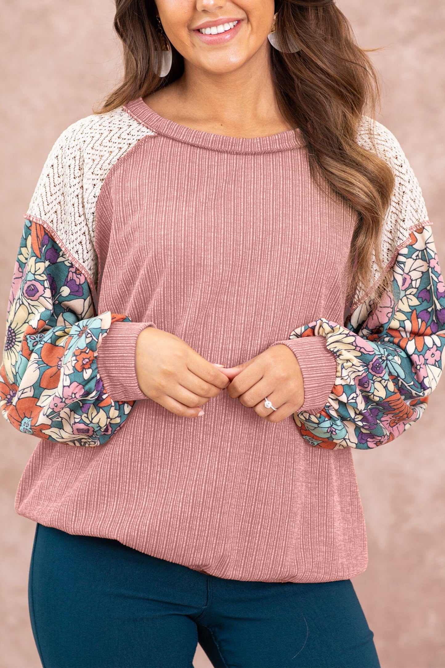 Floral Patchwork Puff Sleeve Textured Blouse