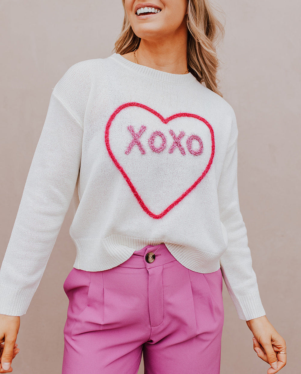 Heart XOXO Pattern Drop Shoulder Rib Knit Sweater