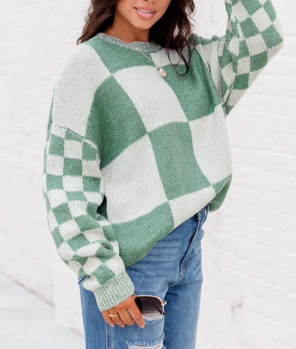 Checkered Print Drop Shoulder Sweater