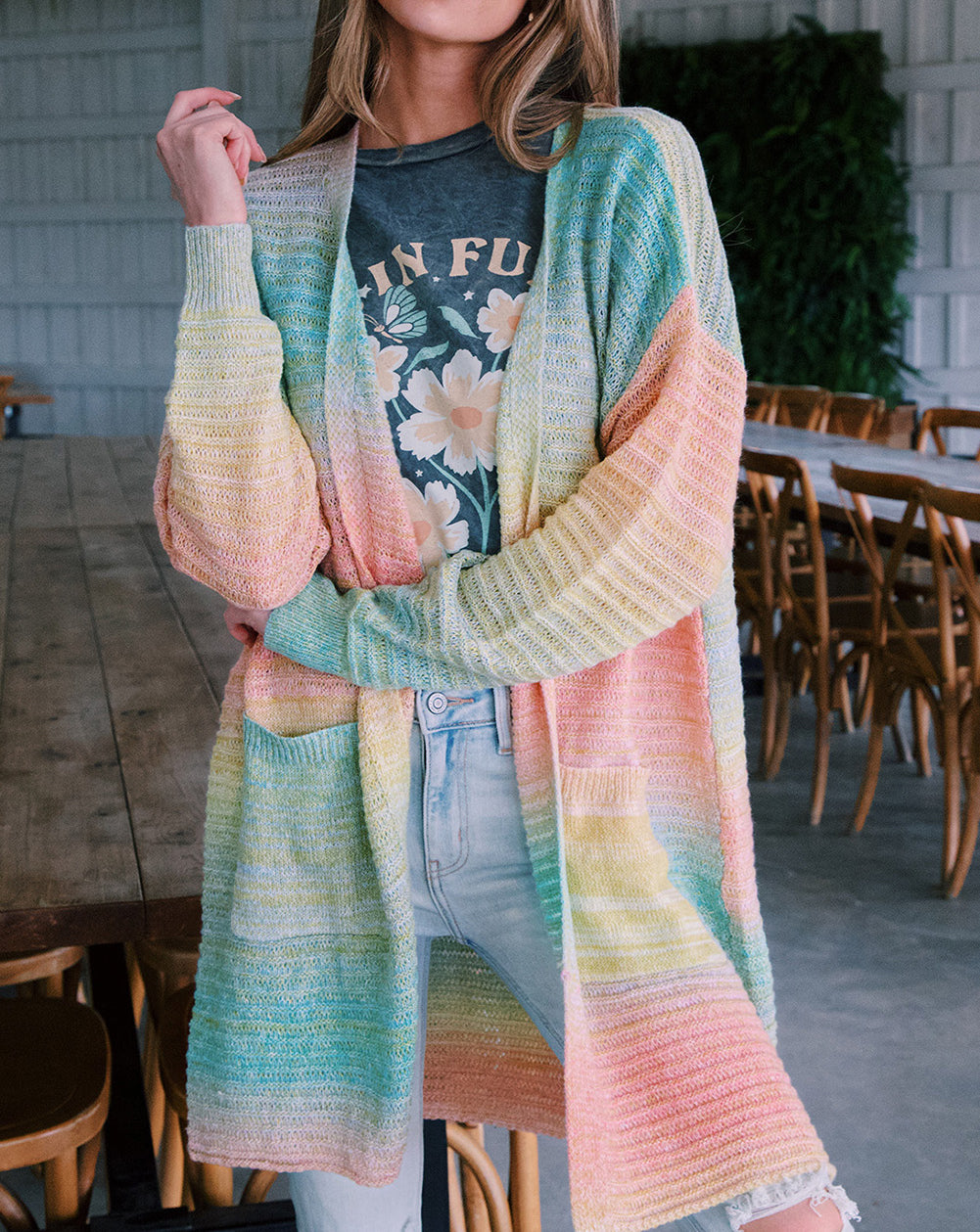 Gradient Knit Open Cardigan with Pockets
