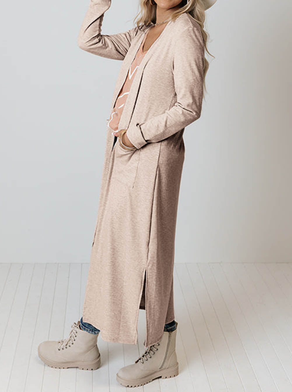 Open Front Pocketed Duster Cardigan with Slits