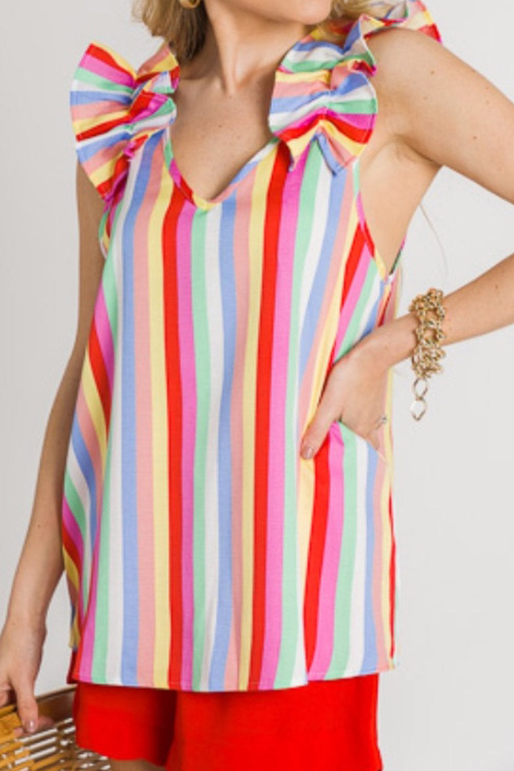 Striped V Neck Ruffle Straps Tank Top