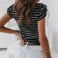 Striped Drawstring Sleeve Contrast Neckline T Shirt