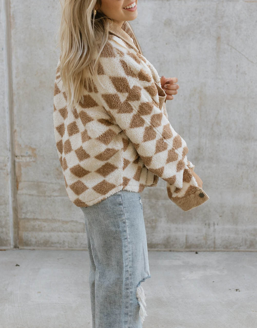Geometric Pattern Corduroy Patch Pockets Sherpa Jacket
